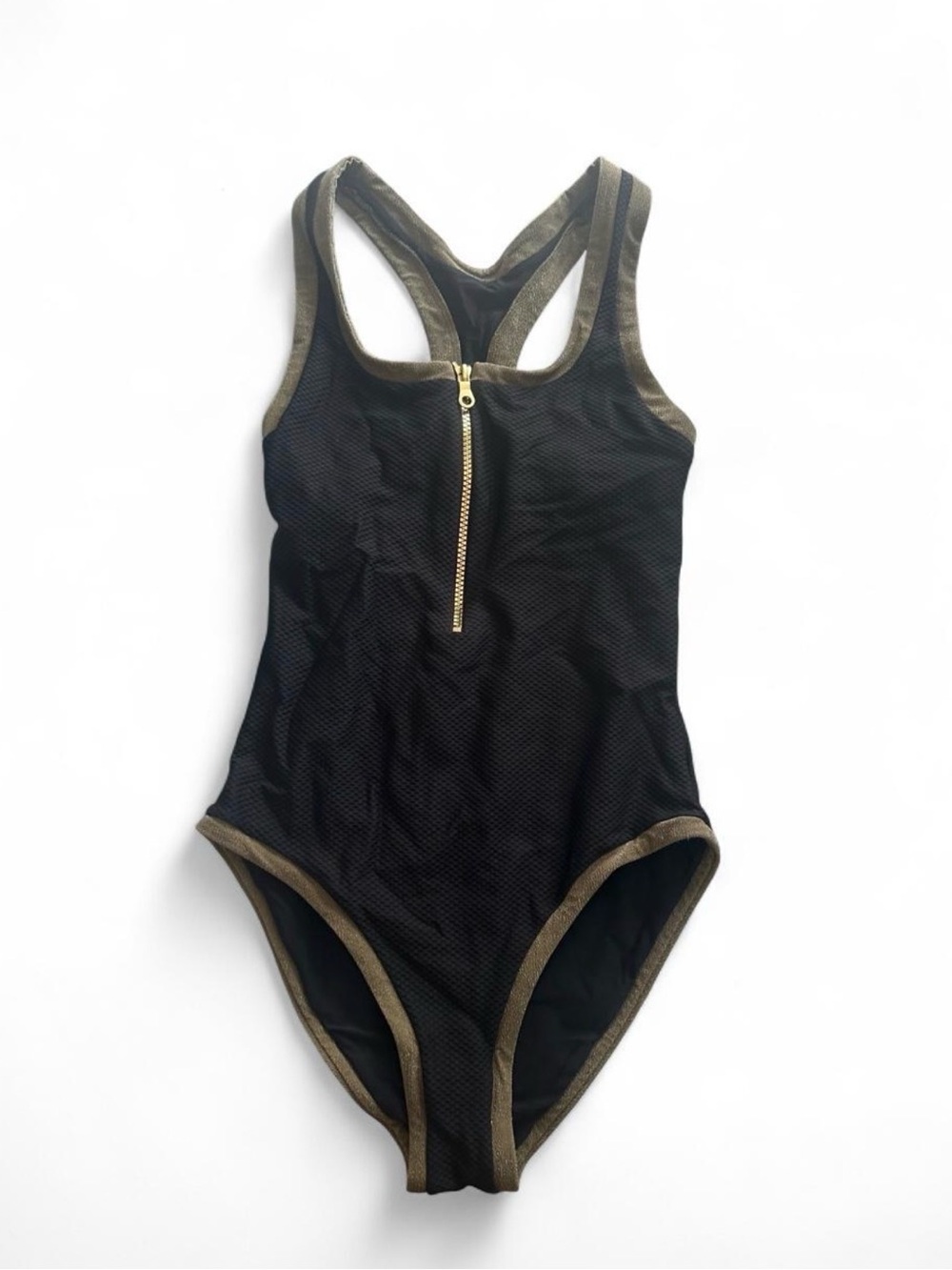 Heidi Klein Bridgehampton One Piece swim suit with gold zipper, size S.